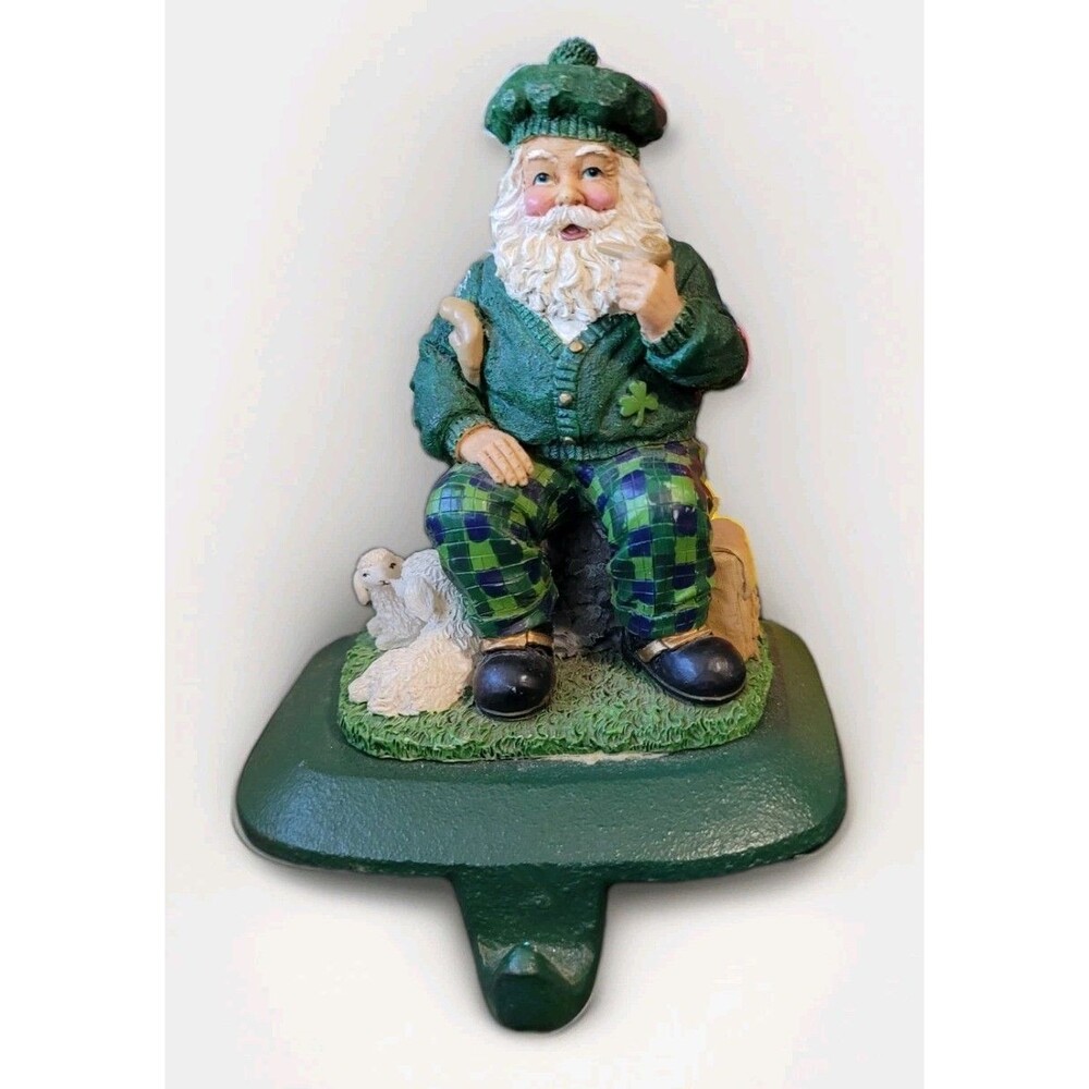 Vintage Cast Iron Irish Santa Claus Stocking Holder Green Mantle Figurine Heavy